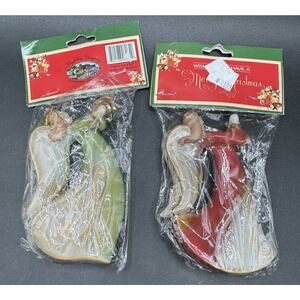 2 New Vtg Merry Christmas MayRich Company Ceramic Pottery Angel Ornaments S1R